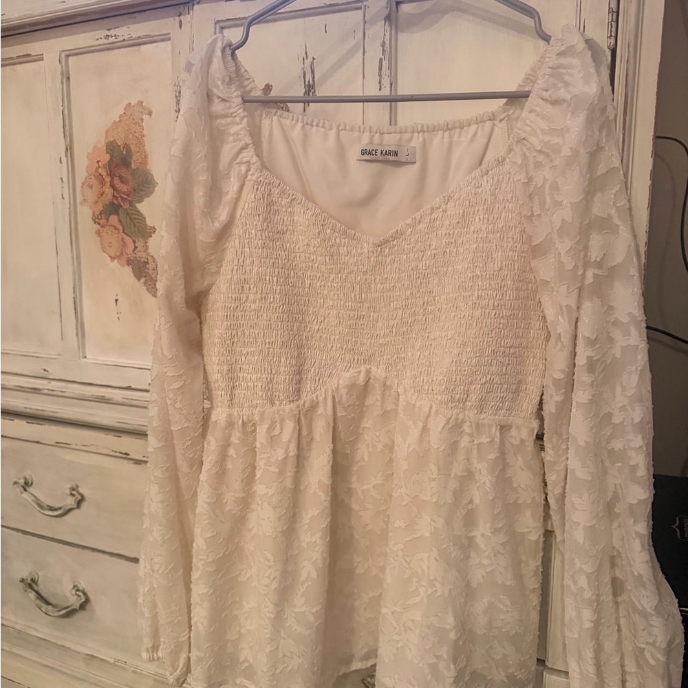Grace Karin Cream Textured Lace Top